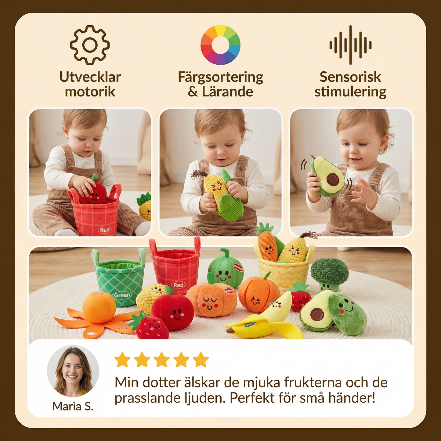 Mjuk Frukt- och Grönsaksleksak för Bebisar – 4-pack Färgsorteringsset med Skallra och Prasseleffekt