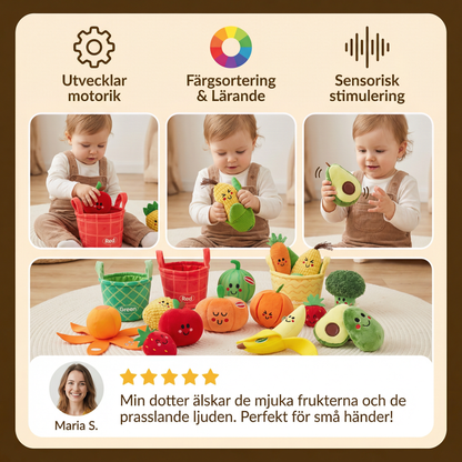 Mjuk Frukt- och Grönsaksleksak för Bebisar – 4-pack Färgsorteringsset med Skallra och Prasseleffekt