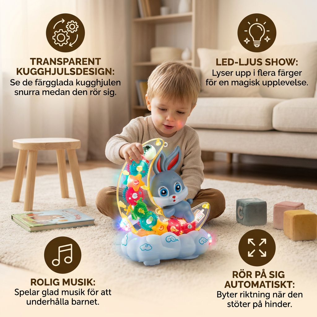 Lysande Månhare-Leksak – Transparent Kugghjulsdesign med Musik och LED-Ljus