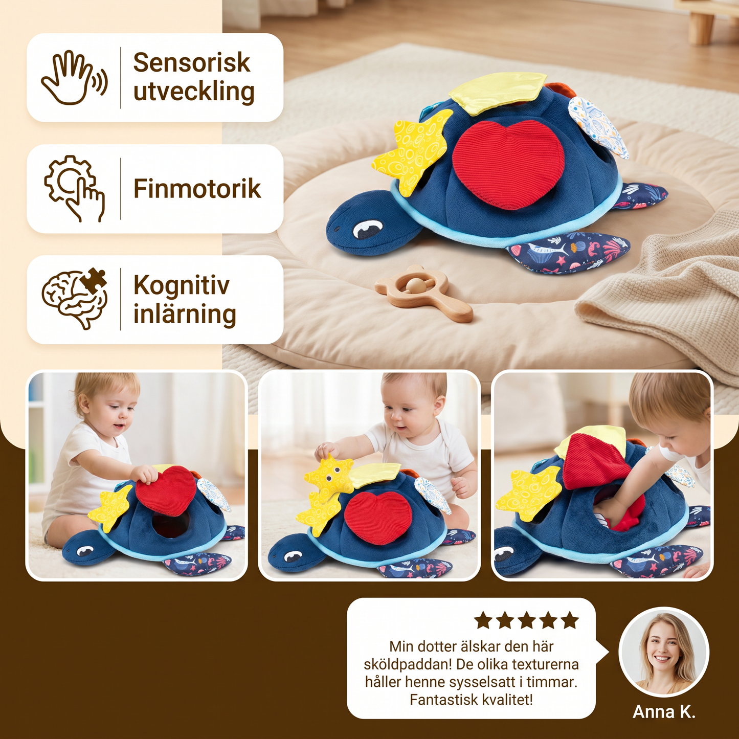 Montessori Sköldpaddans Aktivitetsleksak – Mjuk Sensorisk Lek för Barn
