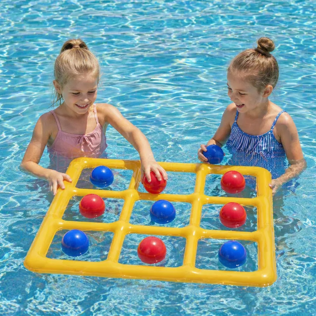 Uppblåsbart Pool Tic-Tac-Toe Spel – Vatten Partyspel med Bollar och Pump