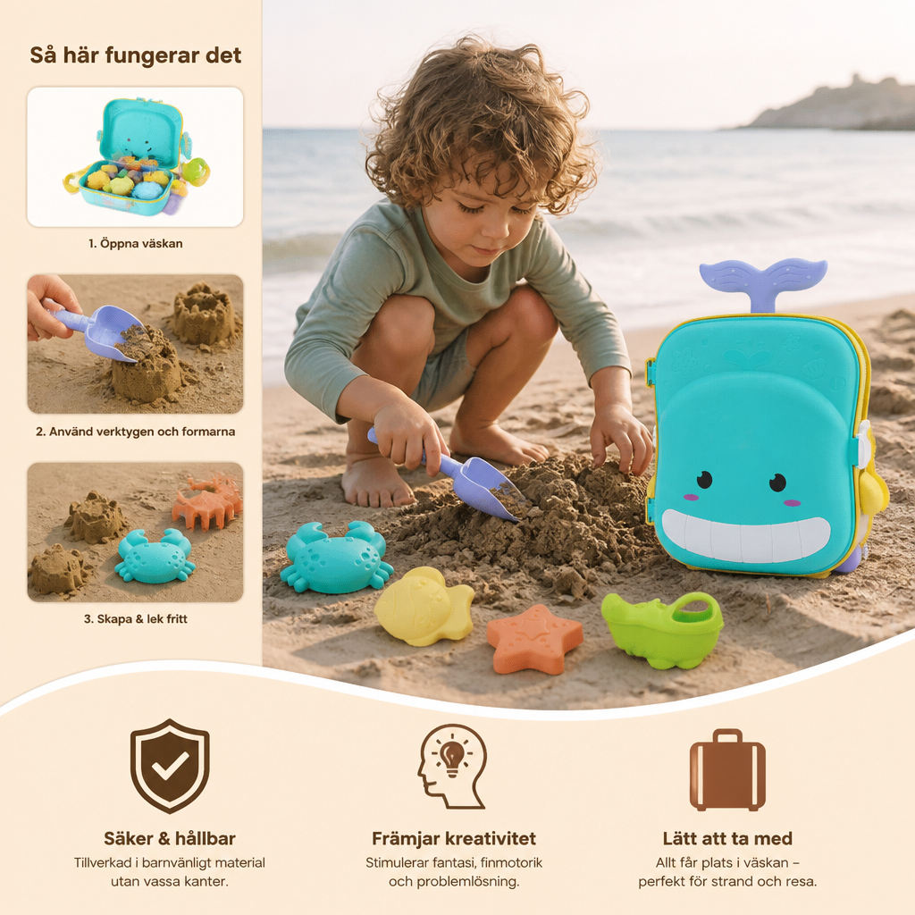 Barnens Strandleksaksväska med Sandverktyg och Timglas