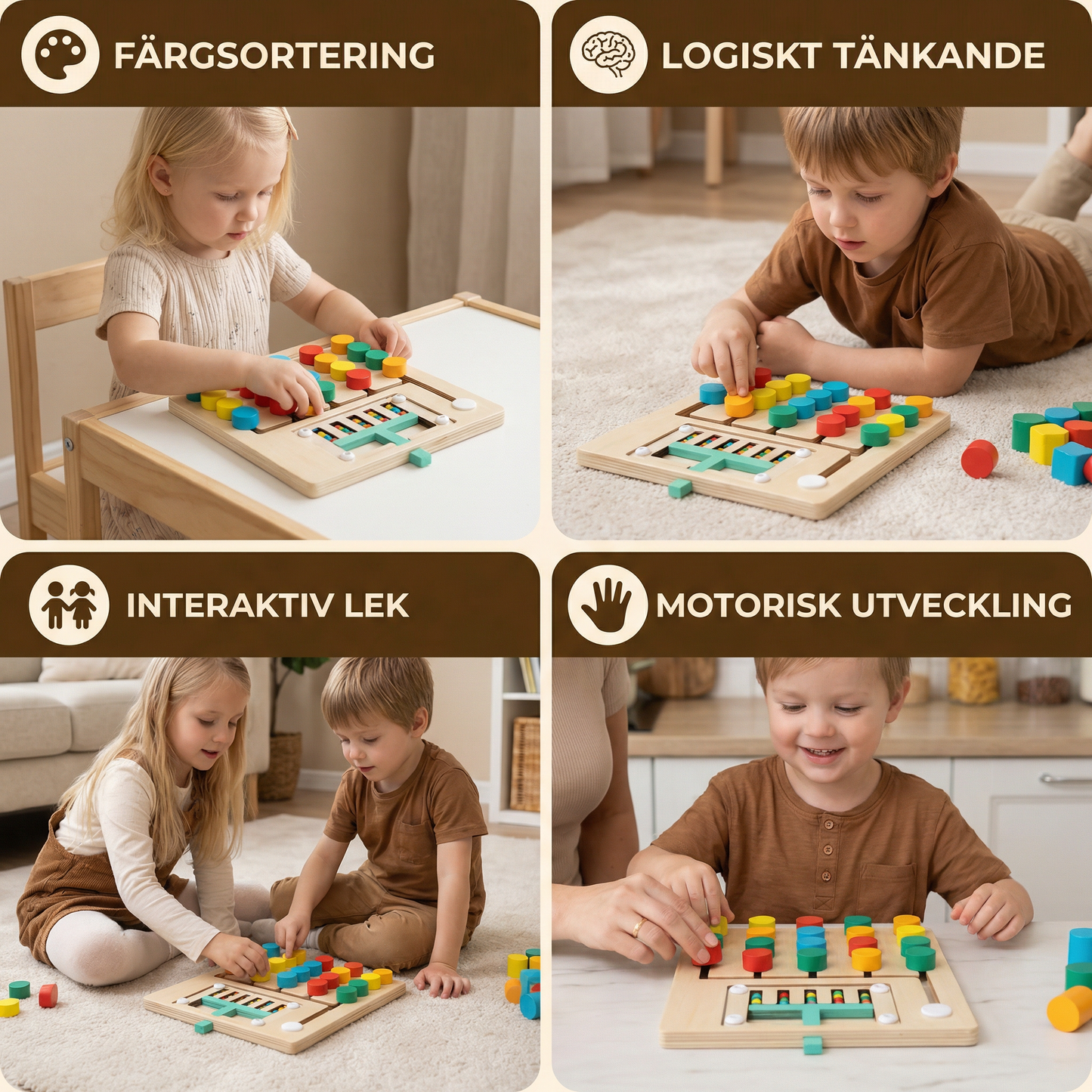 Fyrfärgs logiksorteringsspel i trä – Montessori lär- och tankespel för barn