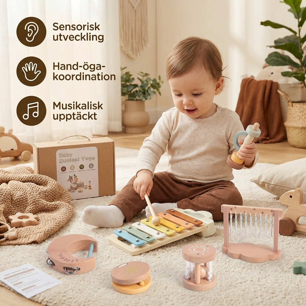 Baby trä-klangleksaksset – 6-delat sensoriskt musik- och klangleksakset