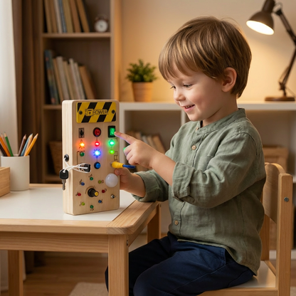 Montessori sensorikbräda i trä med ljus och strömbrytare – motorikleksak för barn