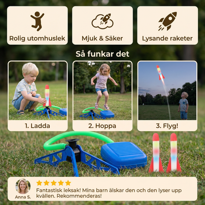 Raketramp med fotpump för barn – lysande utomhusleksak med lufttryck