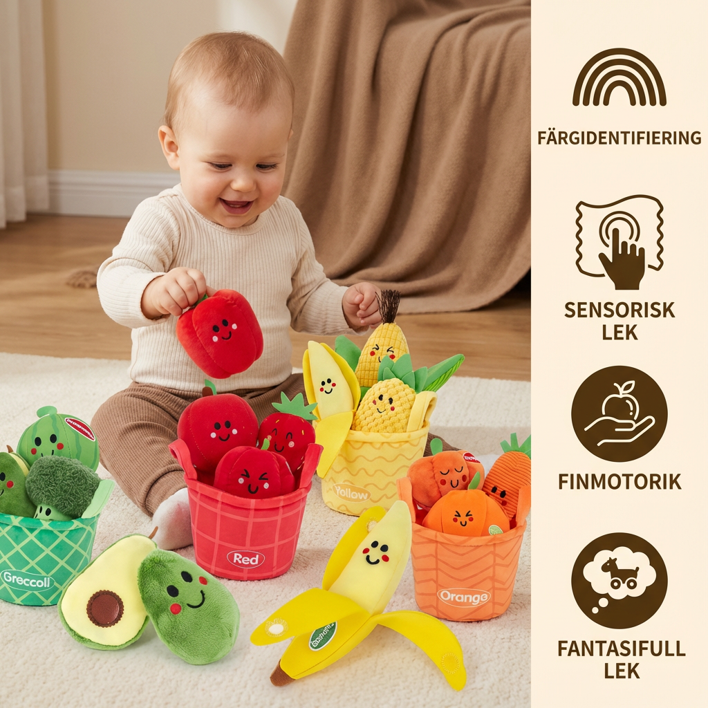 Mjuk Frukt- och Grönsaksleksak för Bebisar – 4-pack Färgsorteringsset med Skallra och Prasseleffekt
