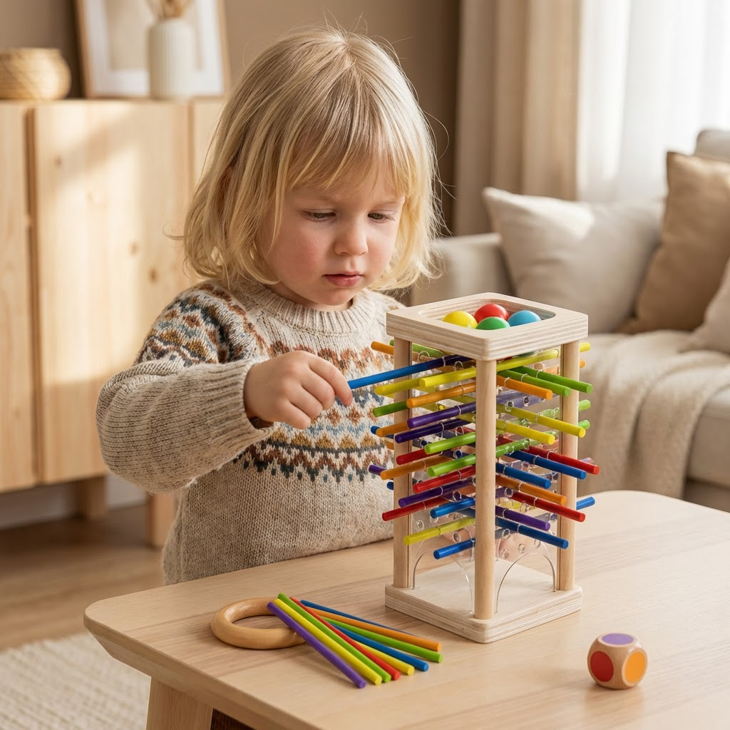 Pedagogiskt 3-i-1 skicklighetsspel i trä med kulor och pinnar