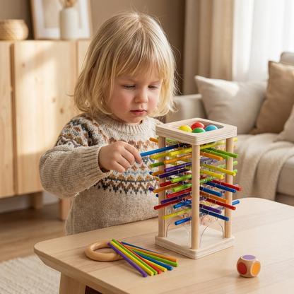 Pedagogiskt 3-i-1 skicklighetsspel i trä med kulor och pinnar