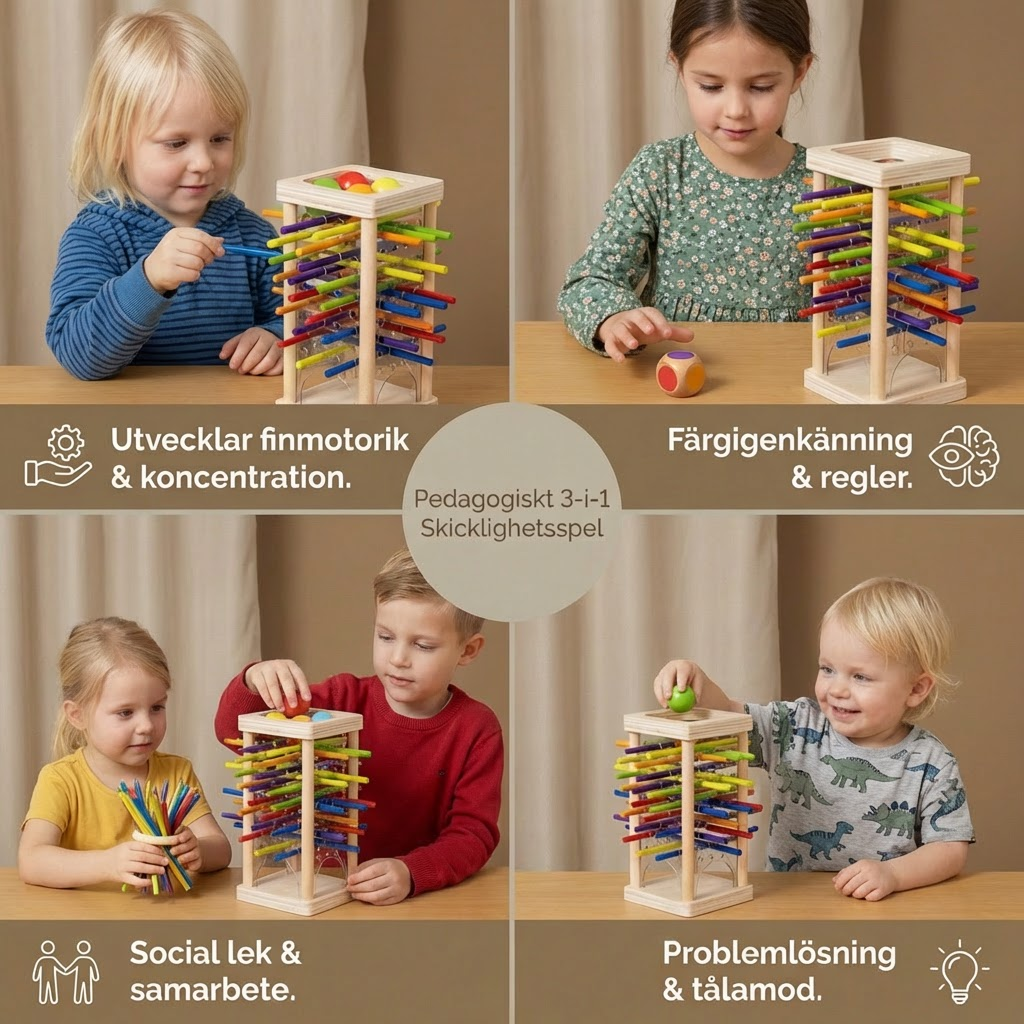 Pedagogiskt 3-i-1 skicklighetsspel i trä med kulor och pinnar