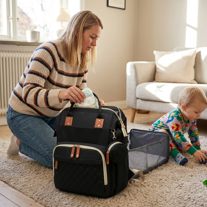 3-i-1 Resepåse för Blöjor med Fällbar Babysäng – Perfekt för Föräldrar på Farten