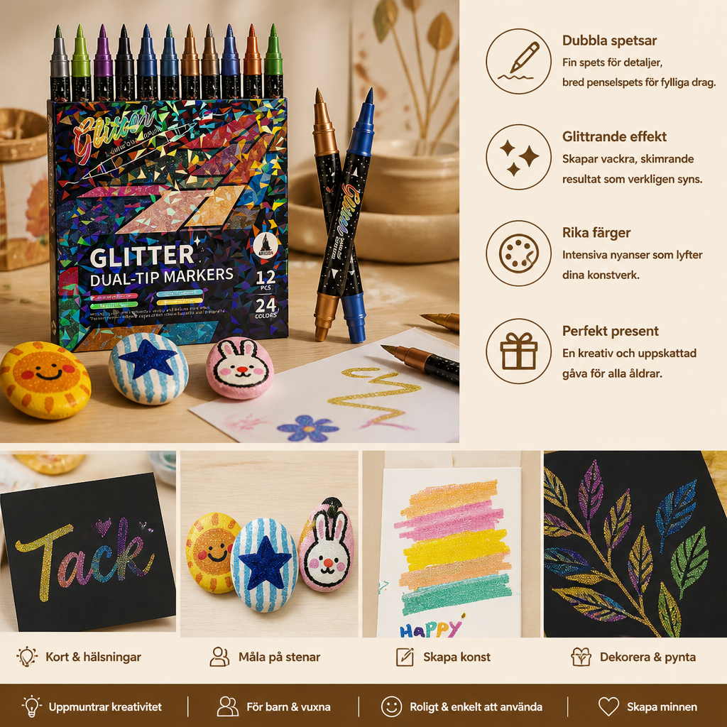 Glitter-Penselmarker Set – Glittrande Konstmarker Med Två Spetsar