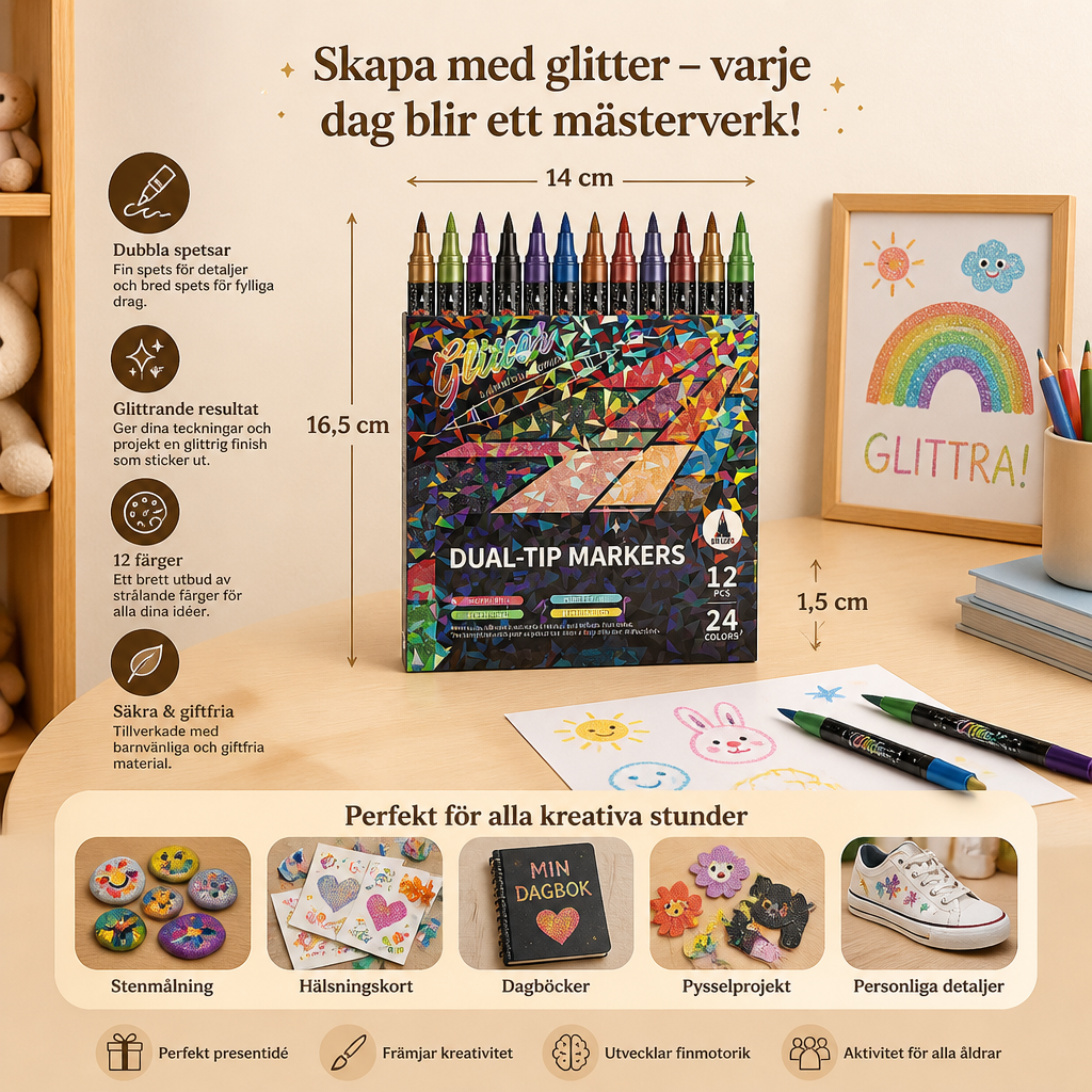 Glitter-Penselmarker Set – Glittrande Konstmarker Med Två Spetsar