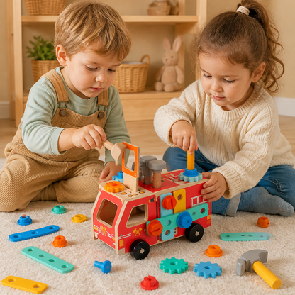 Montessori Träverktygslåda Brandbil Med Byggsats