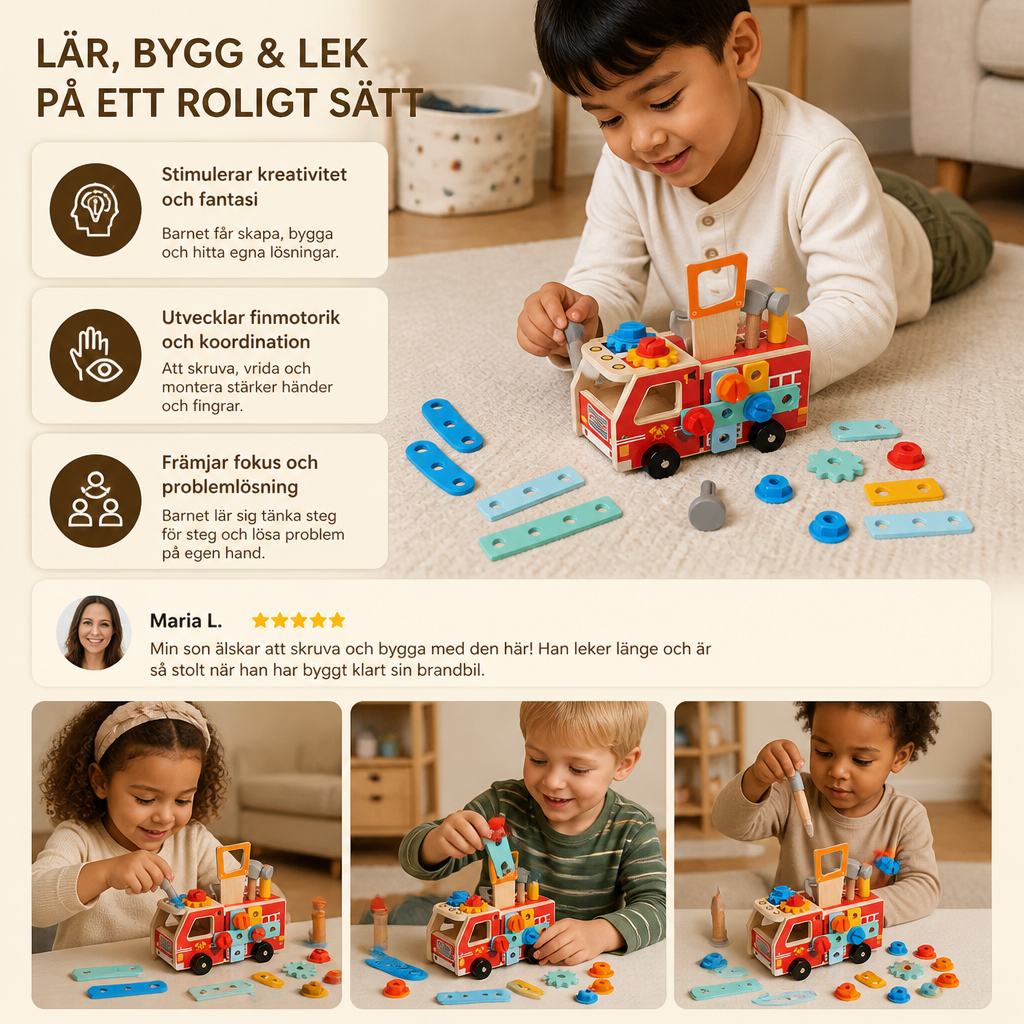Montessori Träverktygslåda Brandbil Med Byggsats