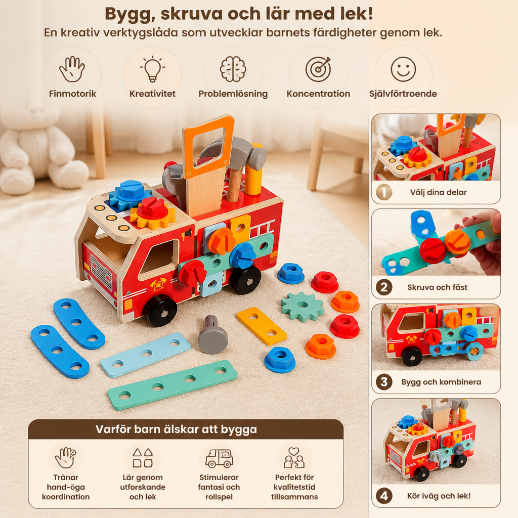 Montessori Träverktygslåda Brandbil Med Byggsats