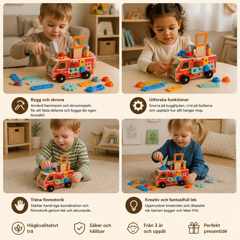 Montessori Träverktygslåda Brandbil Med Byggsats