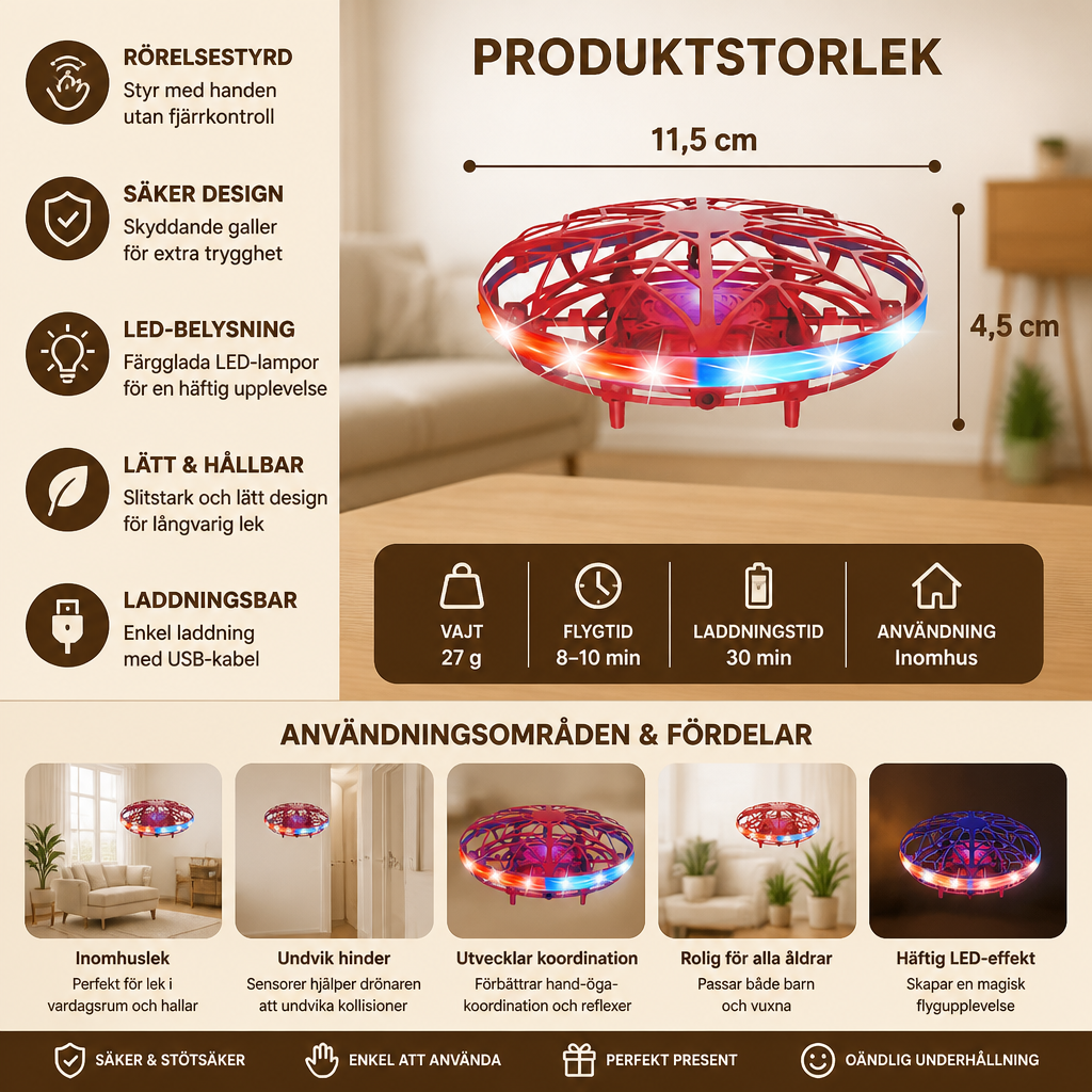 Rörelsestyrd flygande LED-UFO-drönare