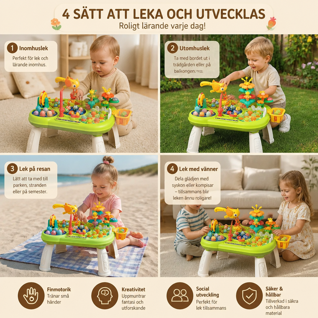 Barns multifunktionella aktivitetsbord med flera lekstationer