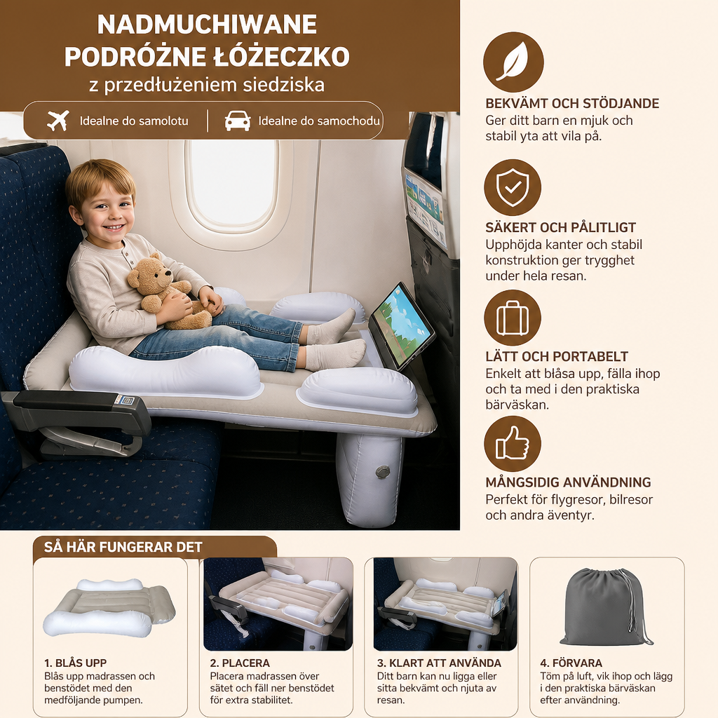 Nadmuchiwane łóżeczko podróżne för småbarn med förlängning av sittdelen för flygplan och bilar