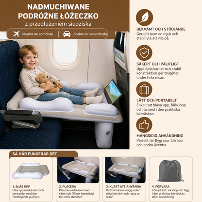 Nadmuchiwane łóżeczko podróżne för småbarn med förlängning av sittdelen för flygplan och bilar