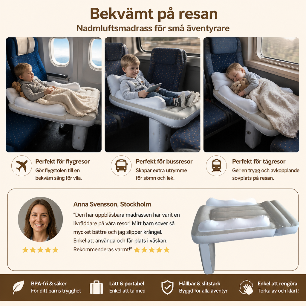 Nadmuchiwane łóżeczko podróżne för småbarn med förlängning av sittdelen för flygplan och bilar
