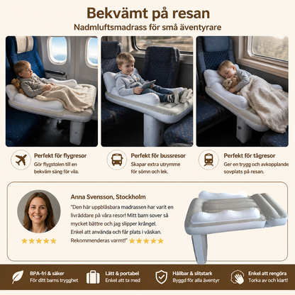 Nadmuchiwane łóżeczko podróżne för småbarn med förlängning av sittdelen för flygplan och bilar