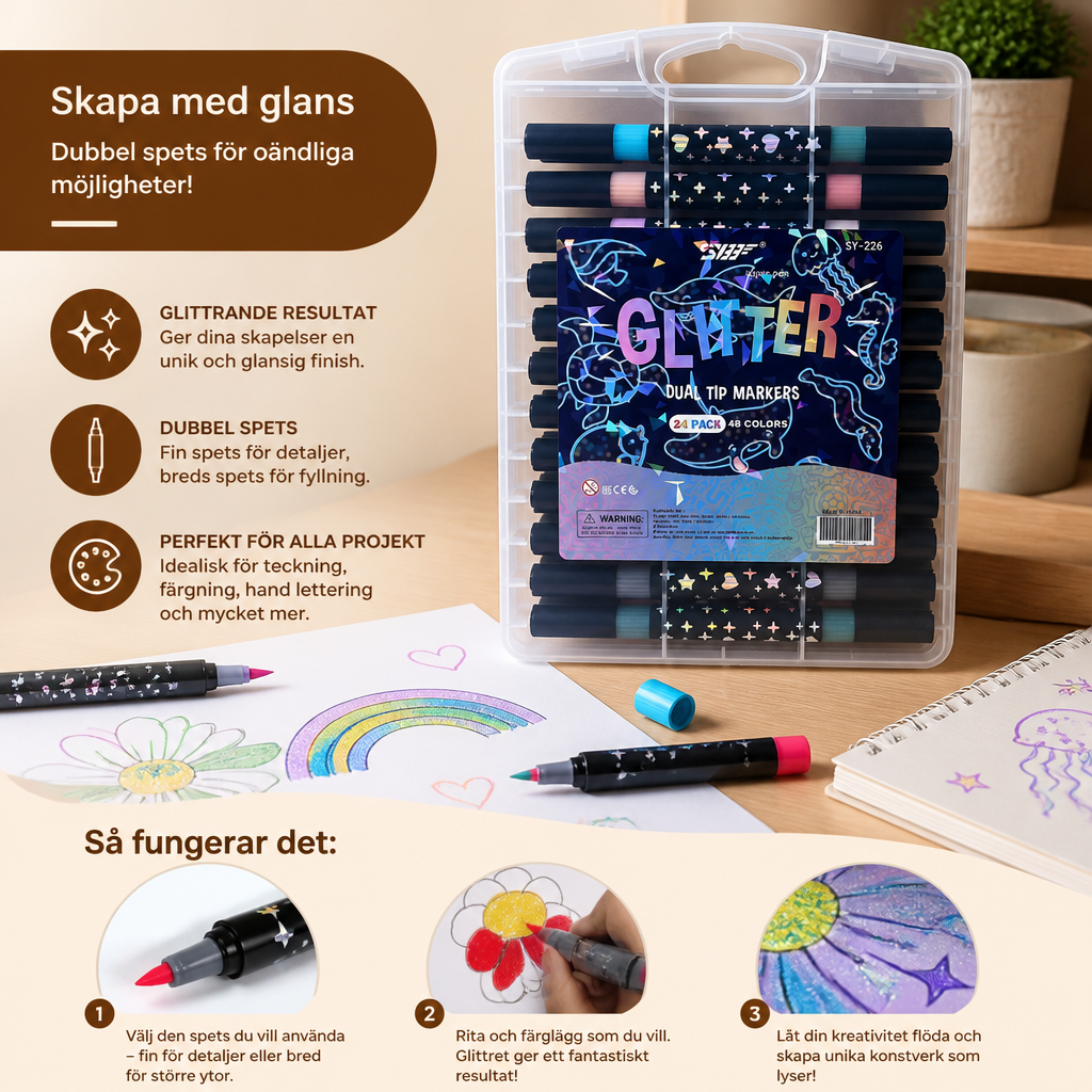 Glitter Akrylmarkerset Med Dubbelspets