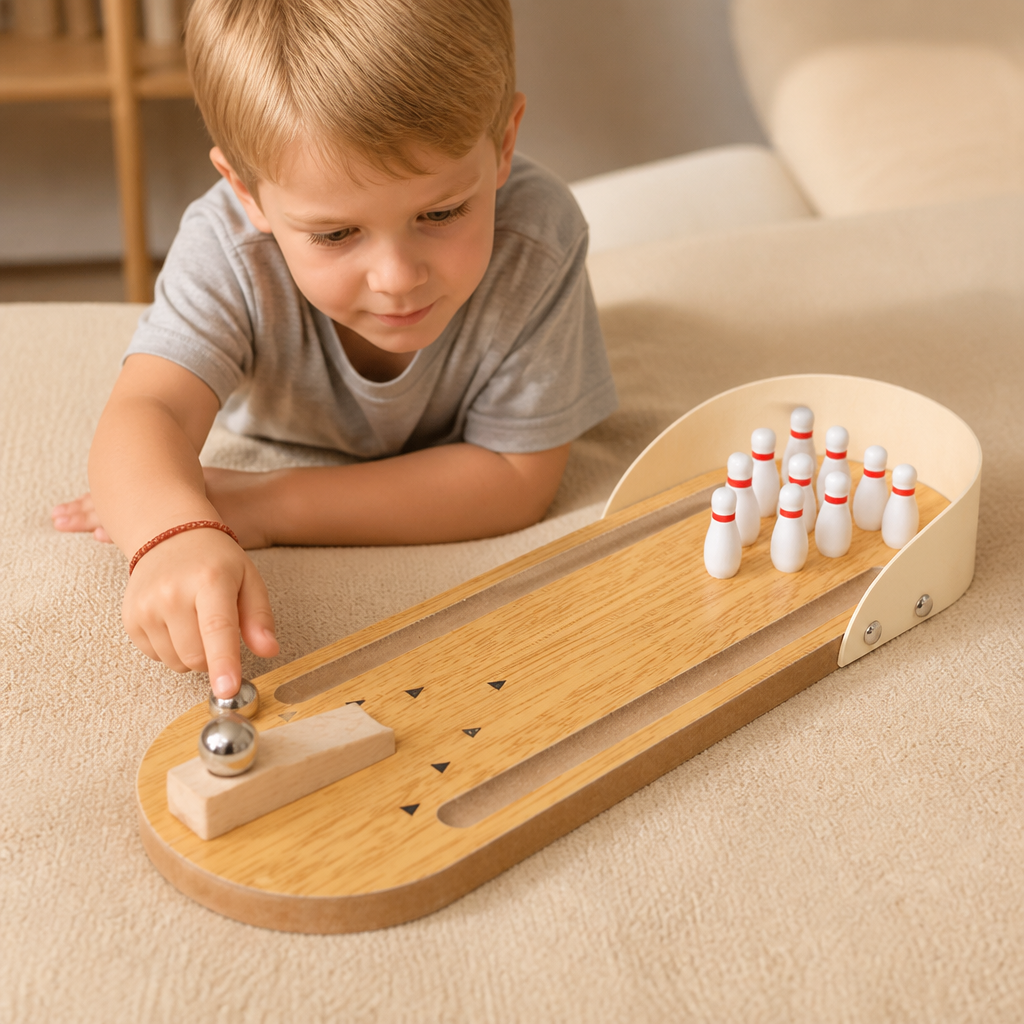 Mini Bowling Spel I Trä – Bärbart Bord-Bowling Set För Barn