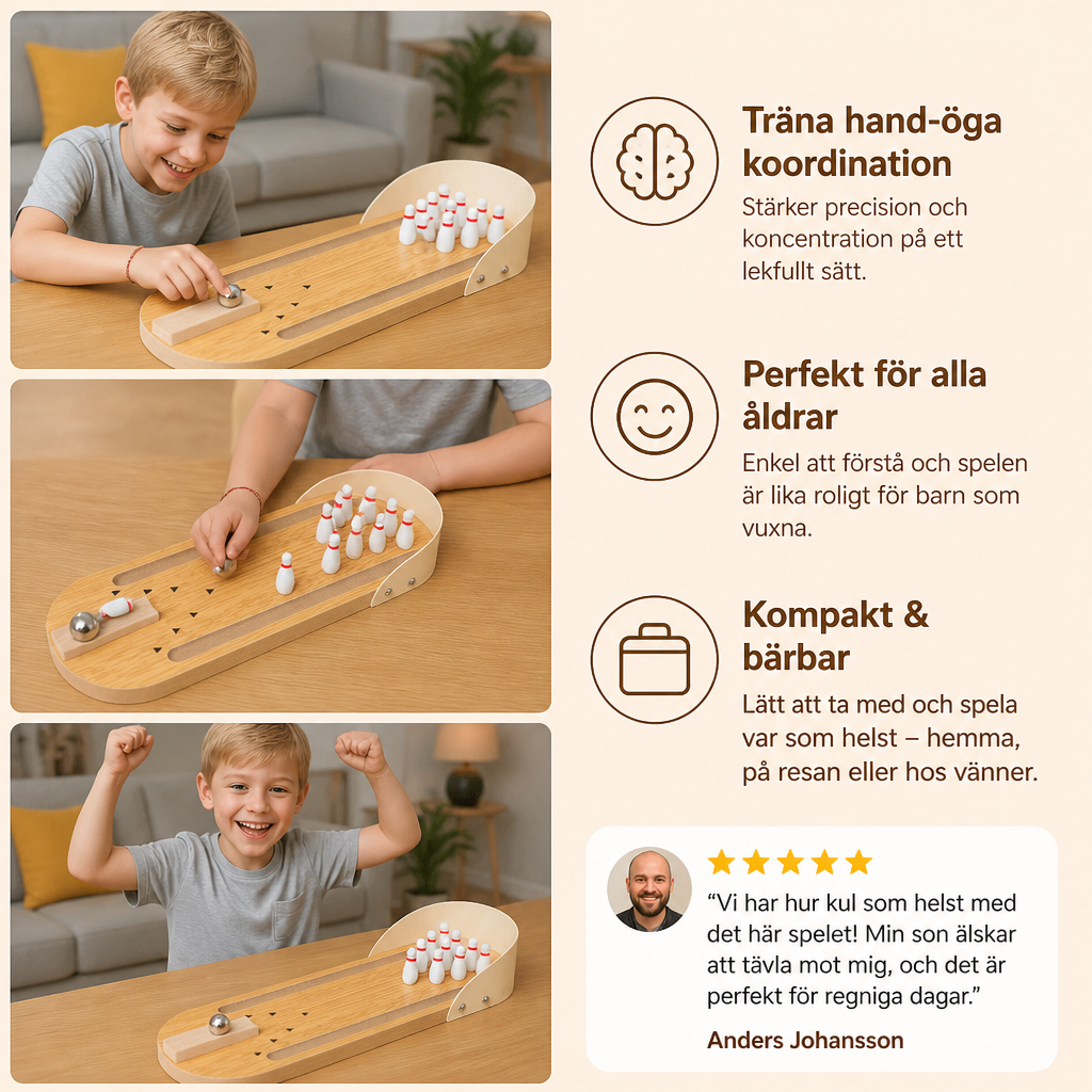 Mini Bowling Spel I Trä – Bärbart Bord-Bowling Set För Barn