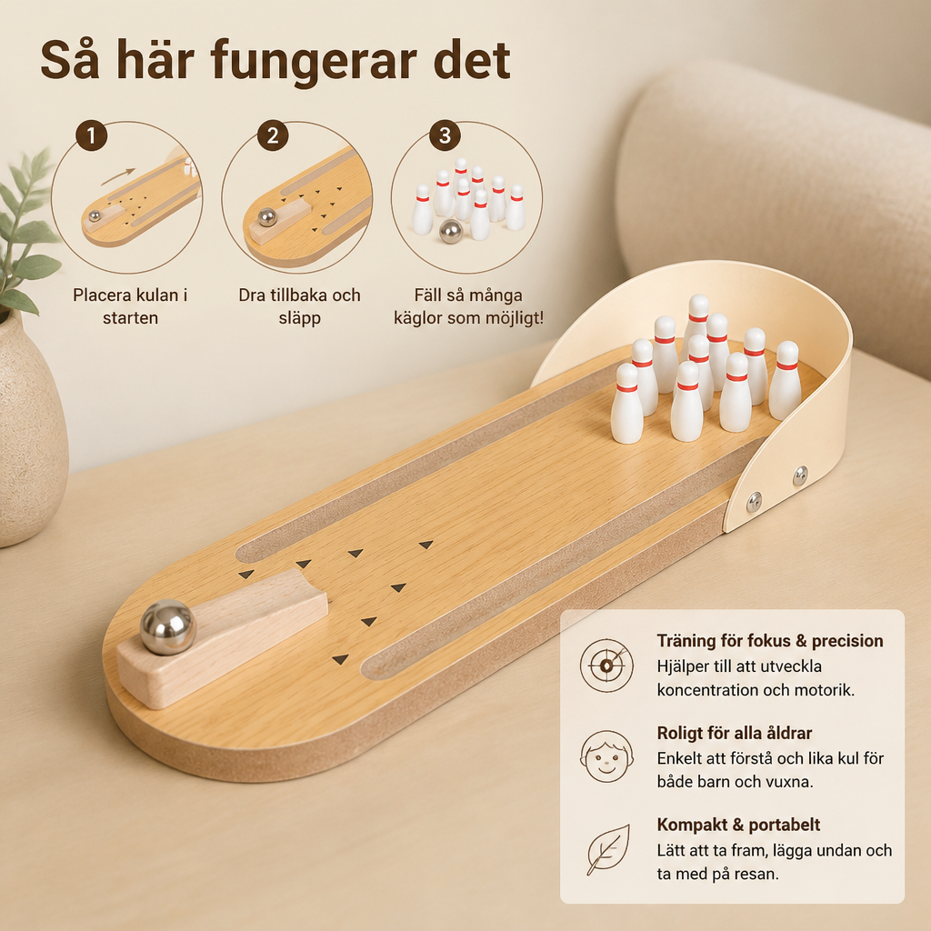 Mini Bowling Spel I Trä – Bärbart Bord-Bowling Set För Barn