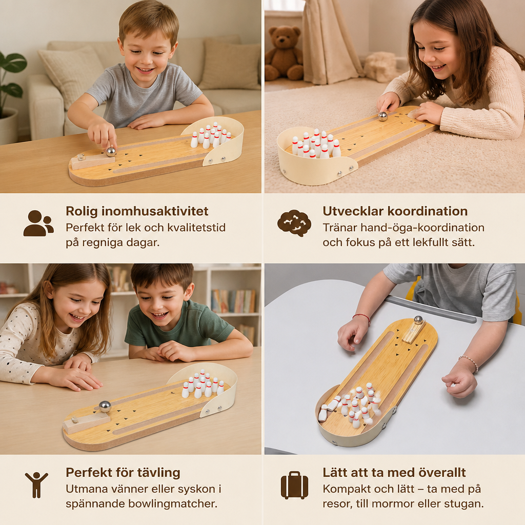 Mini Bowling Spel I Trä – Bärbart Bord-Bowling Set För Barn