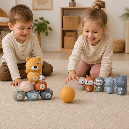 6-i-1 Mjukt Djur-Bowling- & Stapelspel I Gummi – Montessori-Leksak För Barn