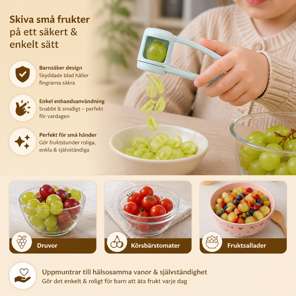 Rostfri druv- & körsbärstomatskärare – Säker enhandskvartare för småbarn & barn