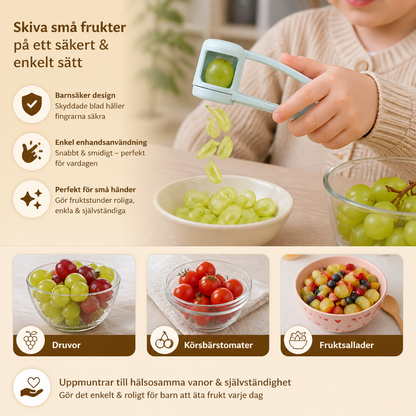 Rostfri druv- & körsbärstomatskärare – Säker enhandskvartare för småbarn & barn
