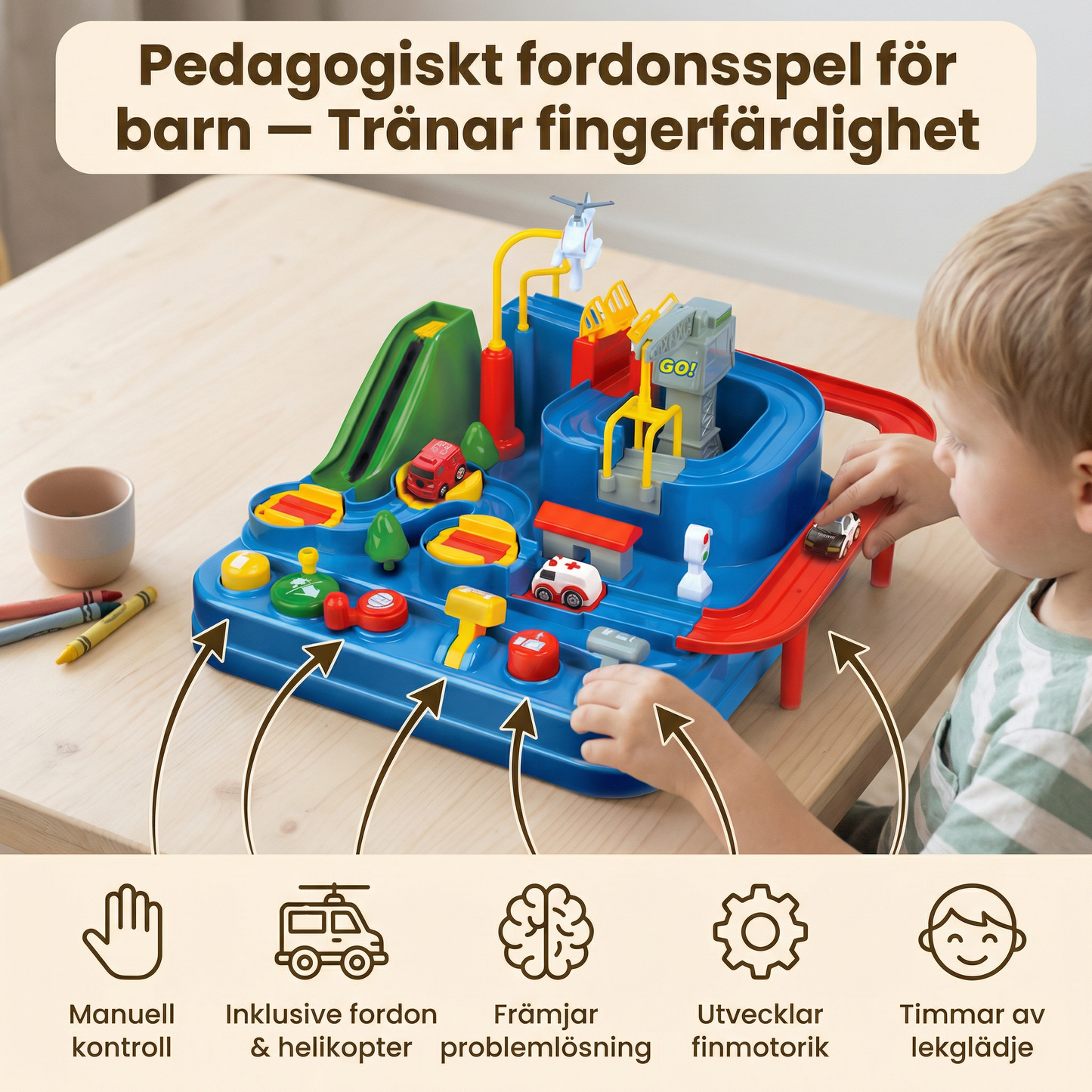 Pedagogiskt fordonsspel för barn som tränar fingerfärdighet