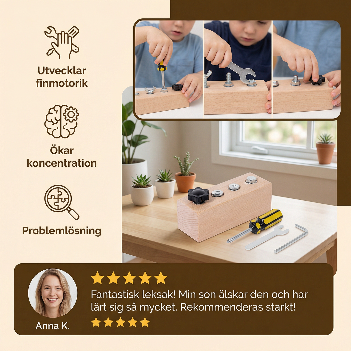 Montessori träskruvleksak – finmotorik- och koncentrationsträning för barn