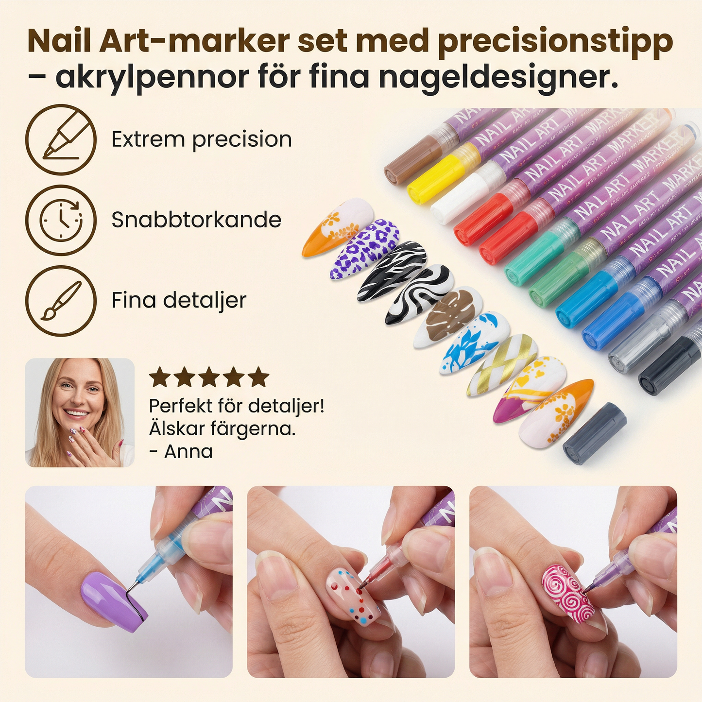 Nail Art-marker set med precisionstipp – akrylpennor för fina nageldesigner