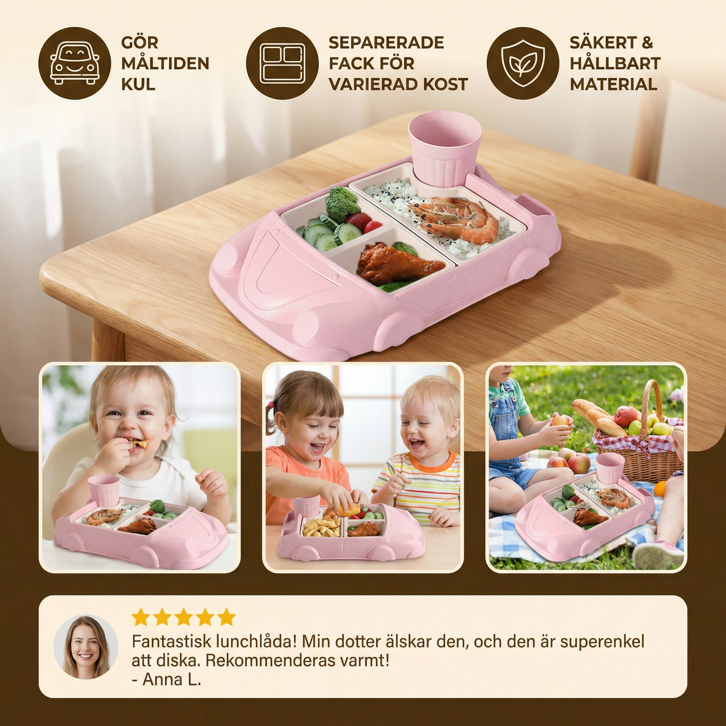 Barnens Bento Lunchbox i Bilform – Rolig Matbricka med Fack och Kopp