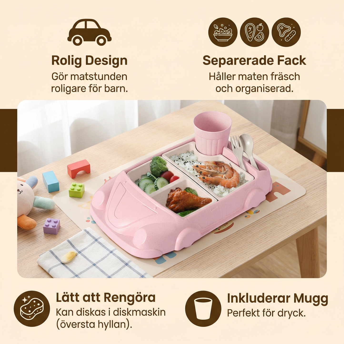 Barnens Bento Lunchbox i Bilform – Rolig Matbricka med Fack och Kopp