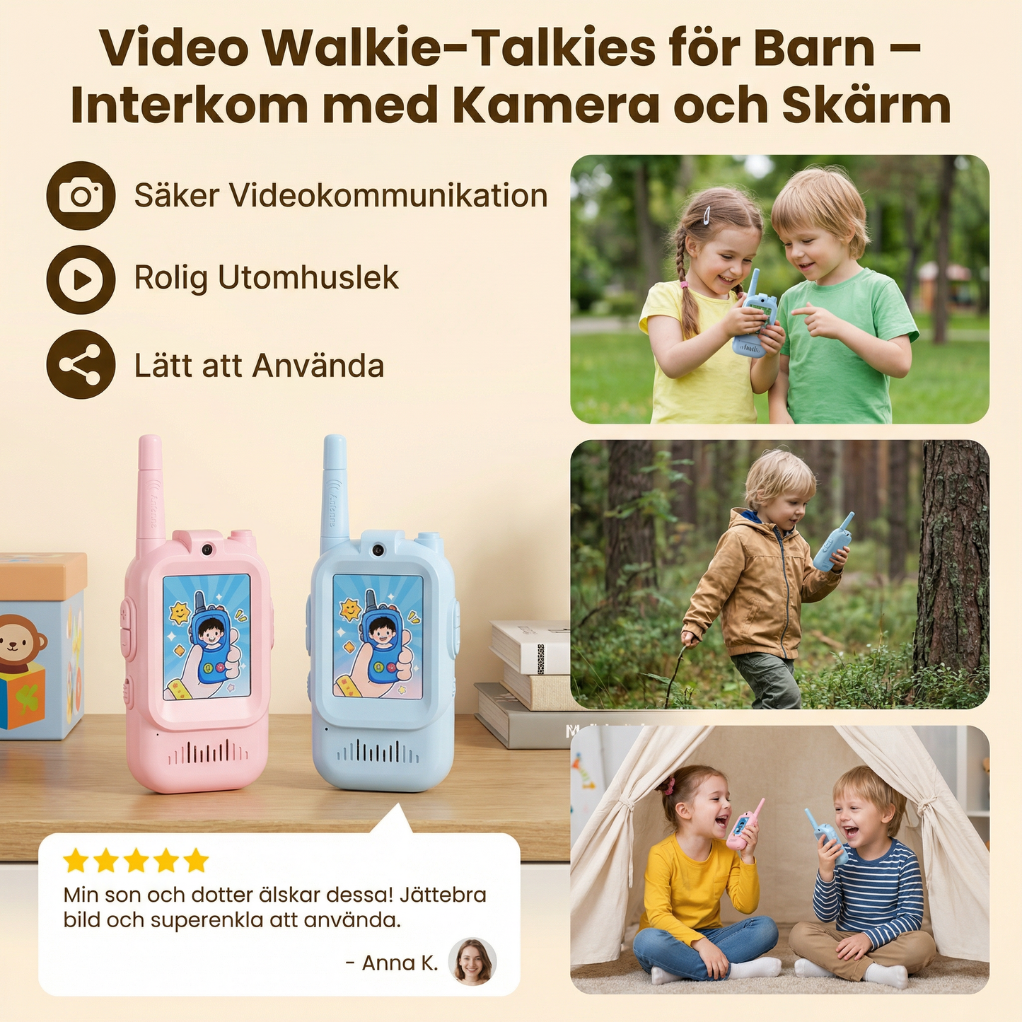 Set 2 Walkie-Talkies Video för Barn – Interkom med Kamera och Skärm