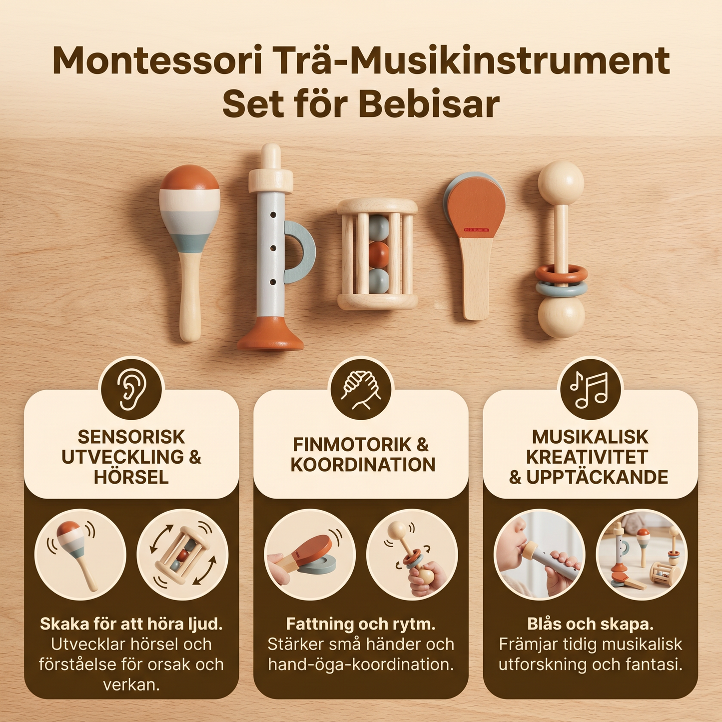 Montessori Trä-Musikinstrument Set för Bebisar – 5-delat Sensoriskt & Rassel Leksak