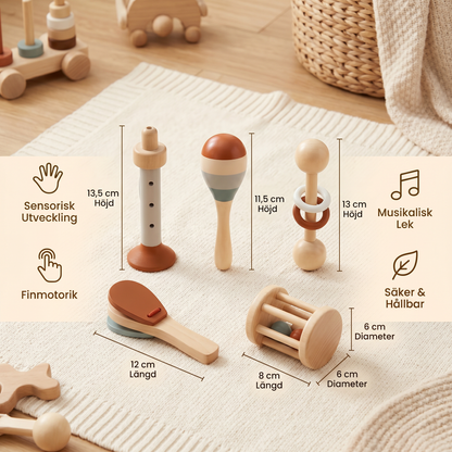 Montessori Trä-Musikinstrument Set för Bebisar – 5-delat Sensoriskt & Rassel Leksak