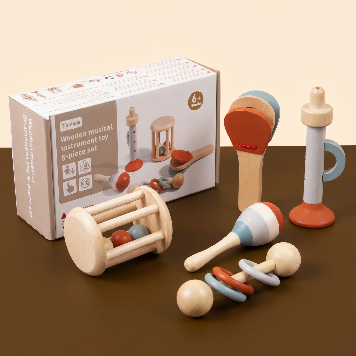 Montessori Trä-Musikinstrument Set för Bebisar – 5-delat Sensoriskt & Rassel Leksak