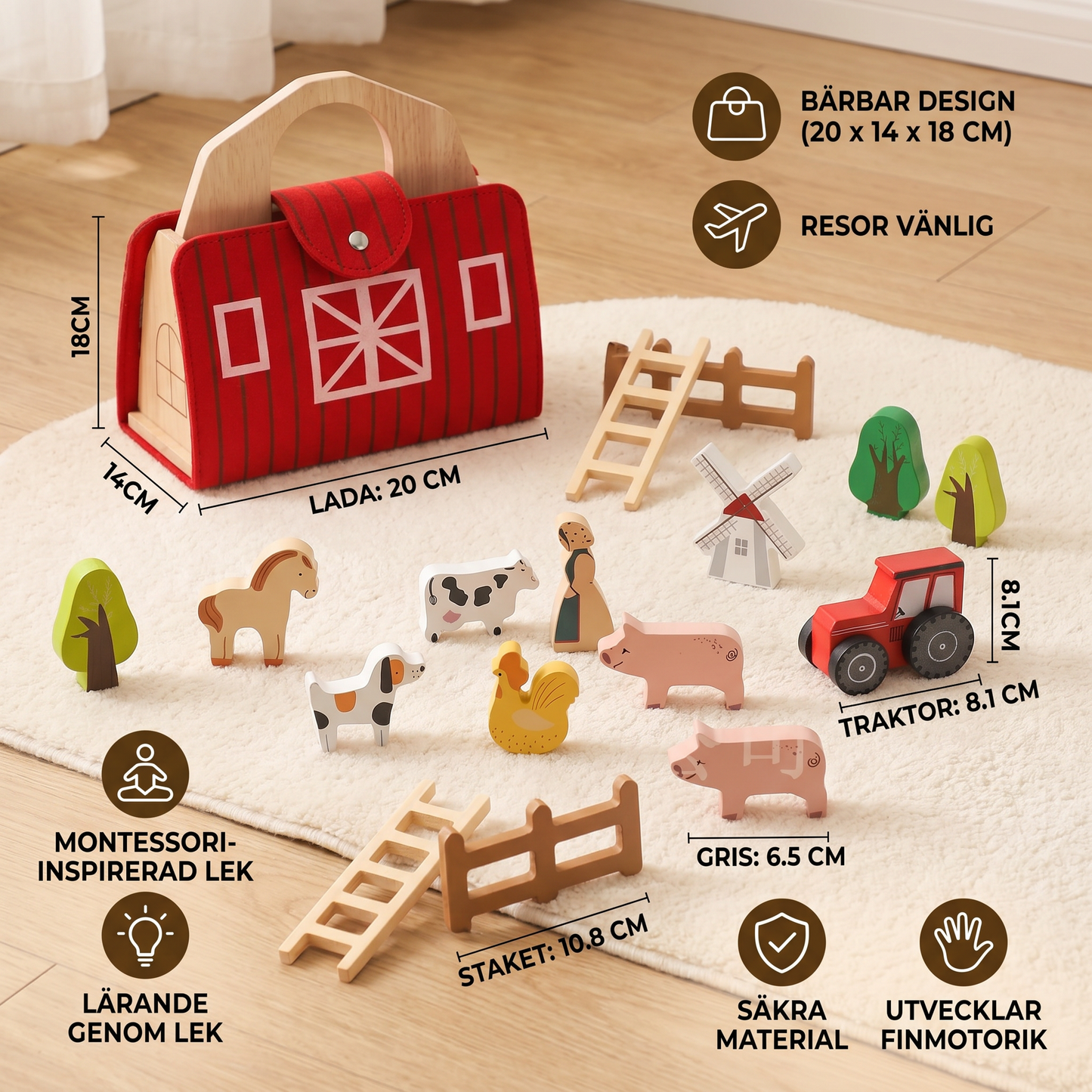 Montessori Trä- och Filtbondgård för Resor – Perfekt för Lek på Språng