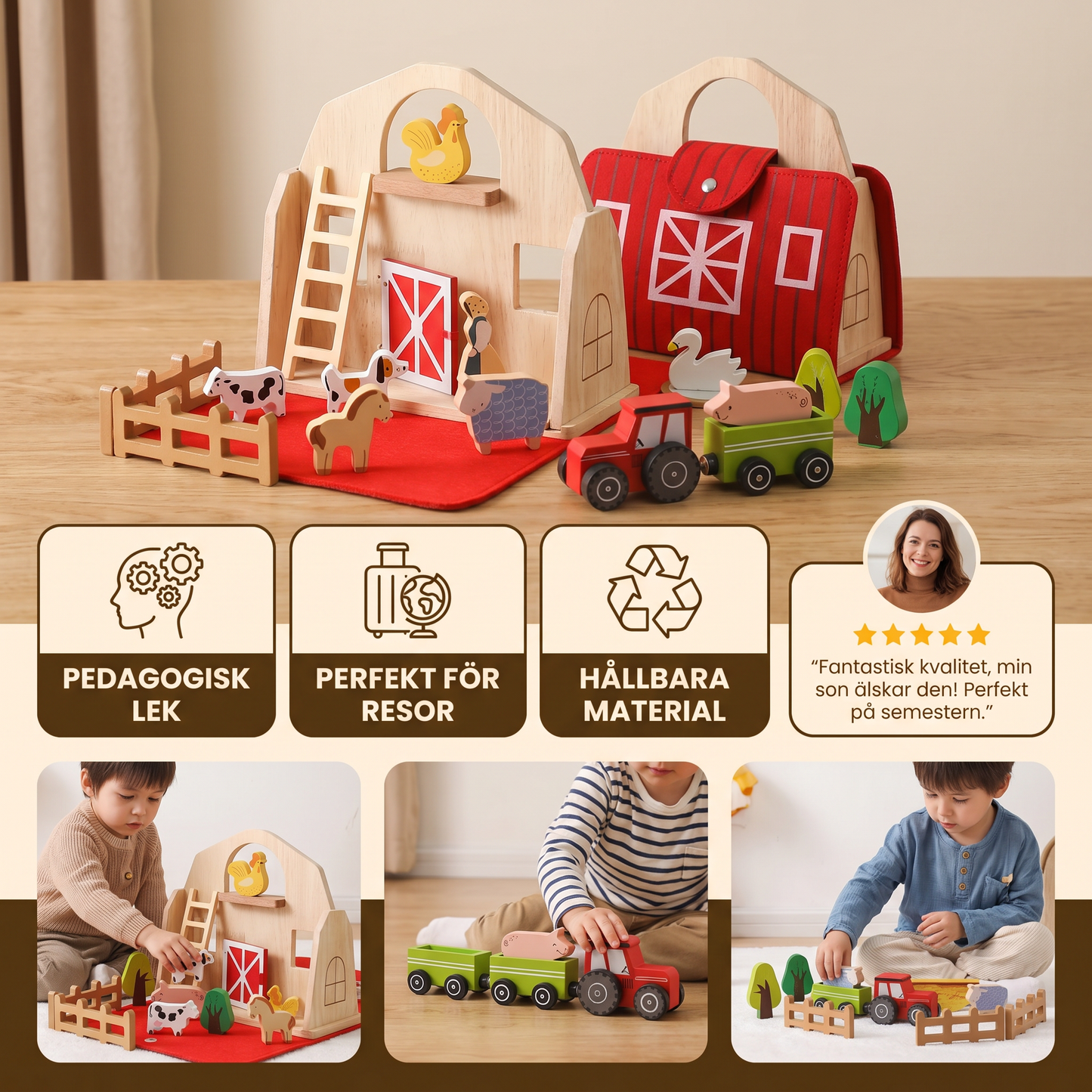 Montessori Trä- och Filtbondgård för Resor – Perfekt för Lek på Språng