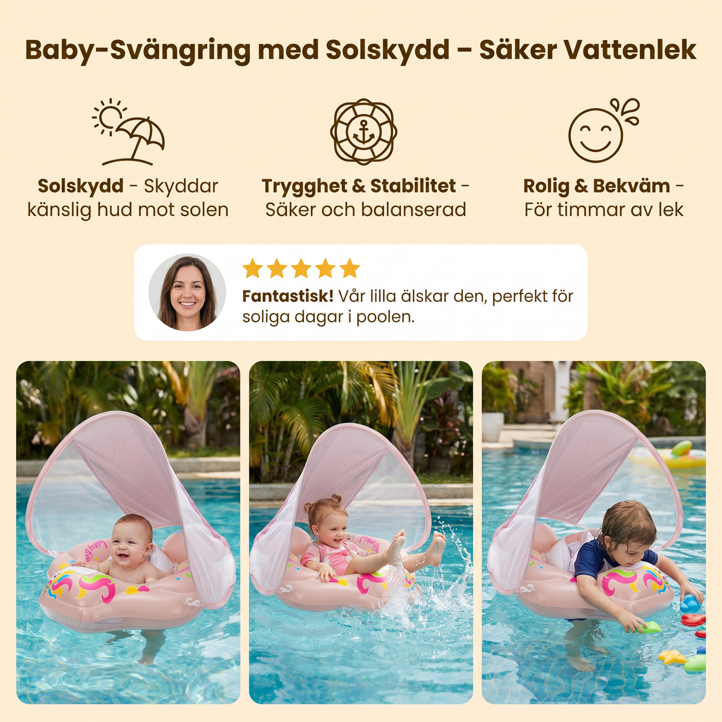 Baby-Svängring med Solskydd – Uppblåsbar Sittkrage för Säker Vattenlek