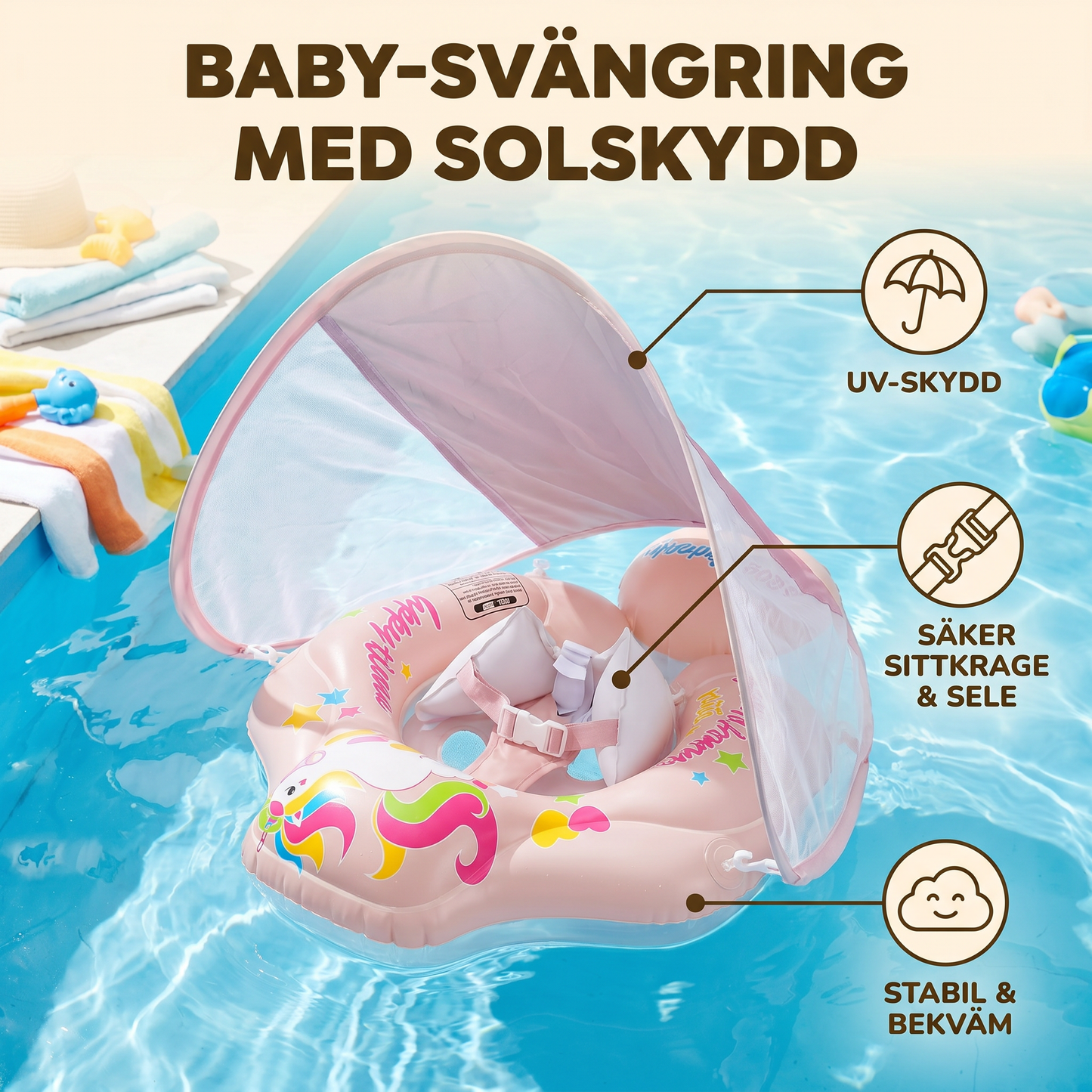 Baby-Svängring med Solskydd – Uppblåsbar Sittkrage för Säker Vattenlek