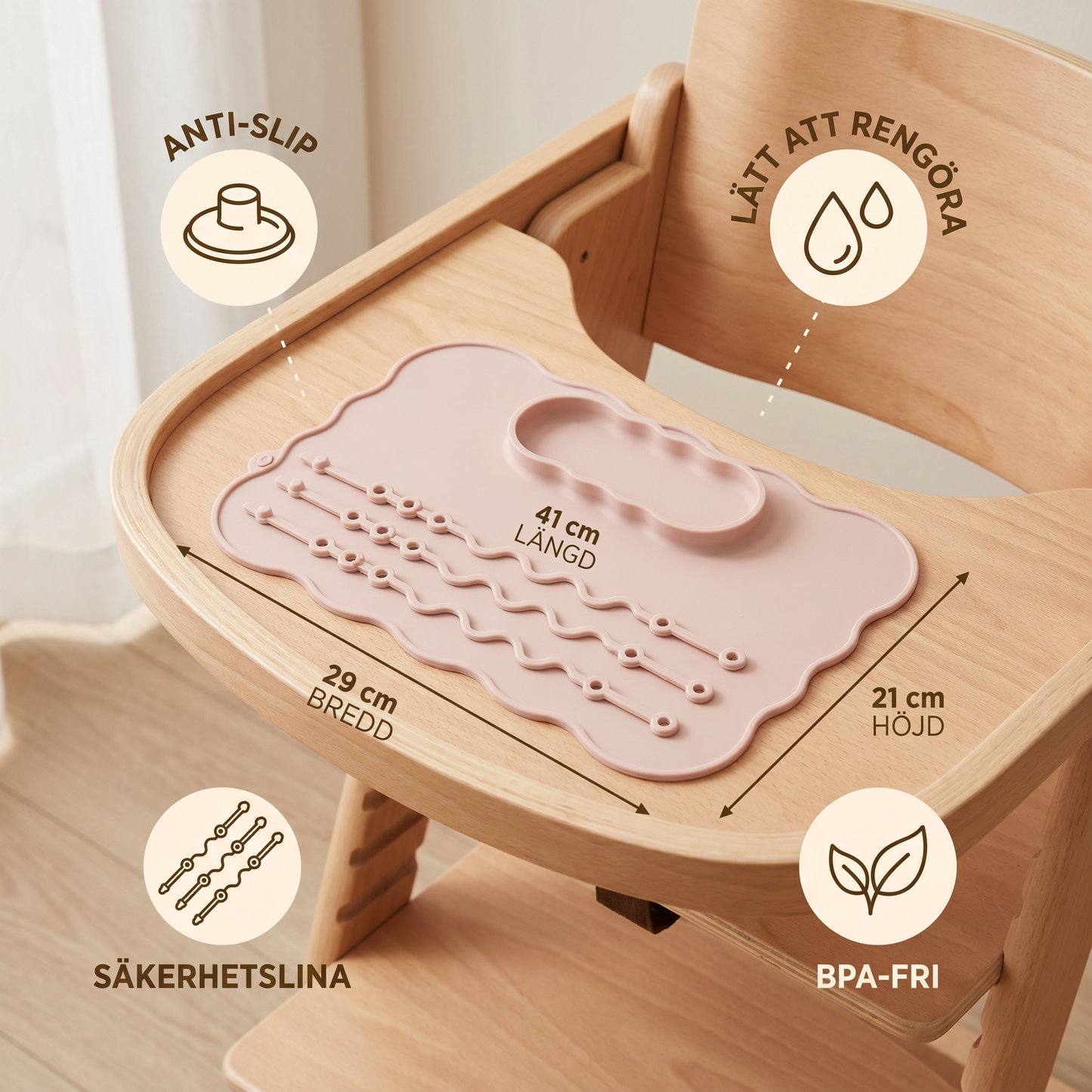 Antislipande silikonmatta för barn med sugkopp och säkerhetslina