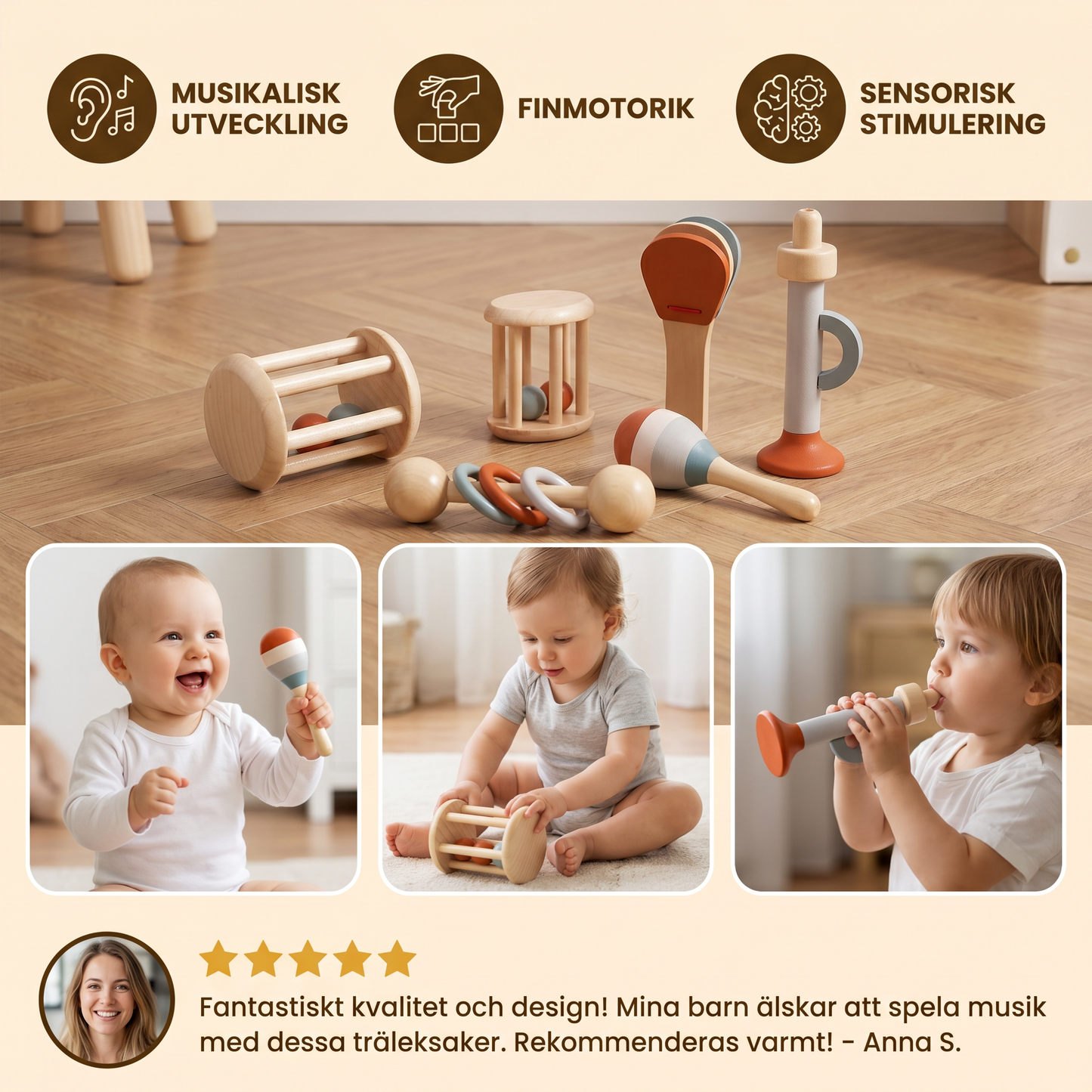 Montessori Trä-Musikinstrument Set för Bebisar – 5-delat Sensoriskt & Rassel Leksak